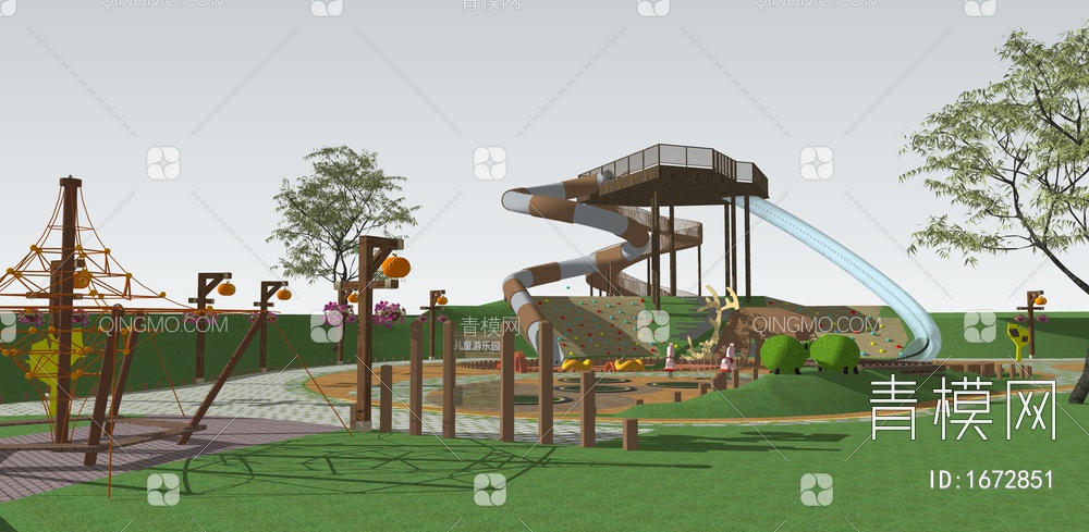 儿童游乐园 滑滑梭梭板 无动力公园SU模型下载【ID:1672851】