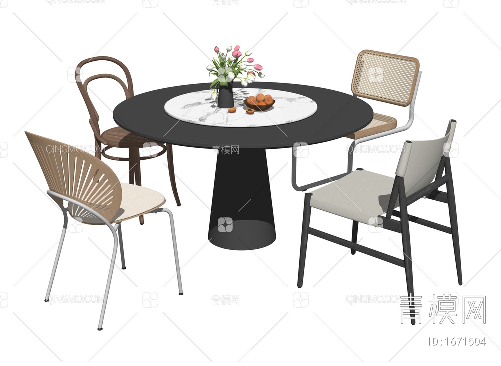 餐桌椅组合 餐桌椅 水果摆件SU模型下载【ID:1671504】