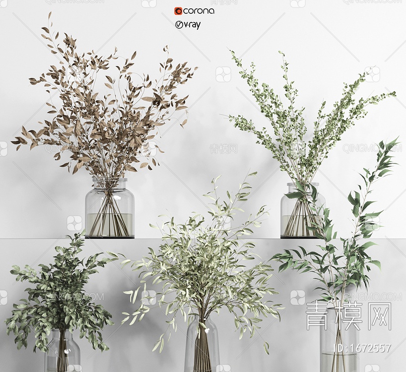 植物玻璃花瓶3D模型下载【ID:1672557】