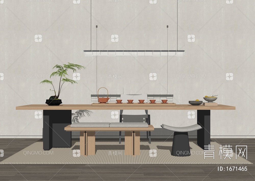 茶桌椅 茶台 茶具组合 蕨类植物SU模型下载【ID:1671465】