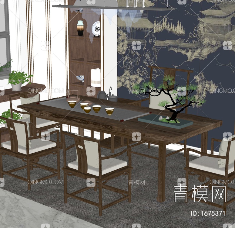 实木茶桌椅组合SU模型下载【ID:1675371】