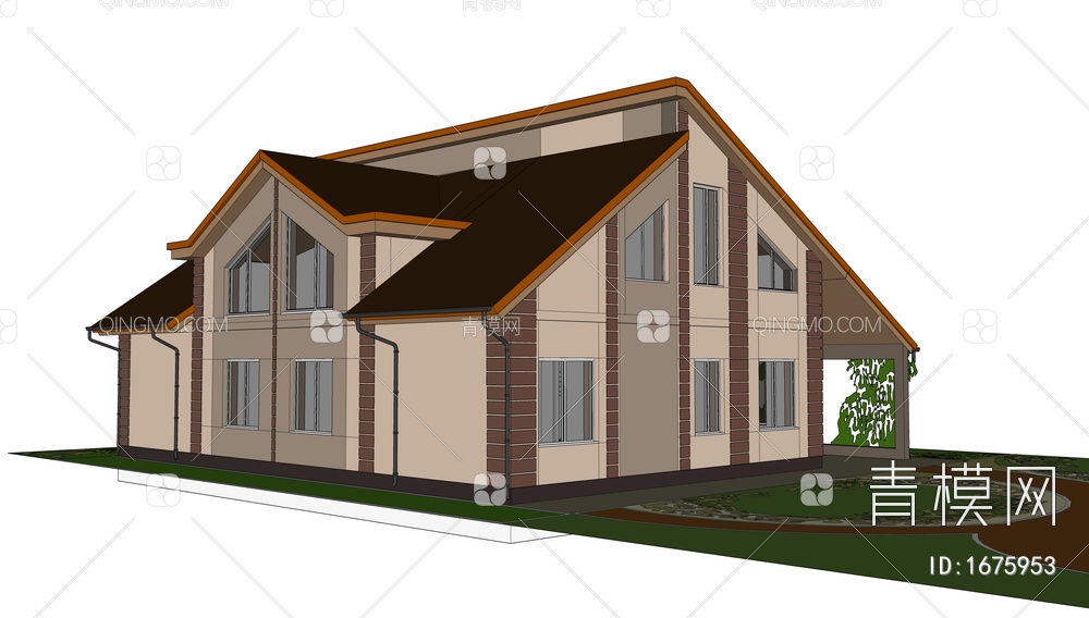 两层坡屋面生态小住宅SU模型下载【ID:1675953】