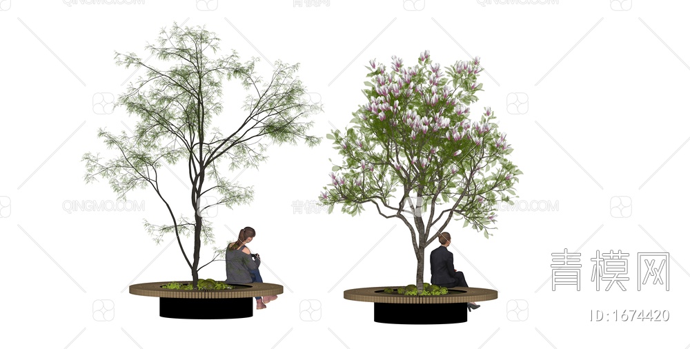 树池 景观树 景观座椅 树池座凳 公园椅 行道树 树池 小树 园林植物 树木SU模型下载【ID:1674420】