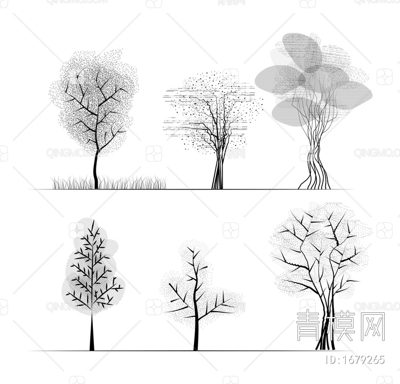 黑白素描风立面树木植物免抠PSDpsd下载【ID:1679265】
