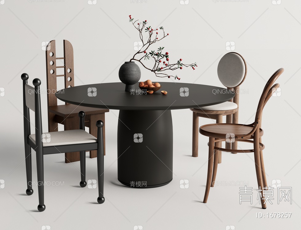 餐桌椅组合 圆形餐桌 花瓶摆件SU模型下载【ID:1678257】
