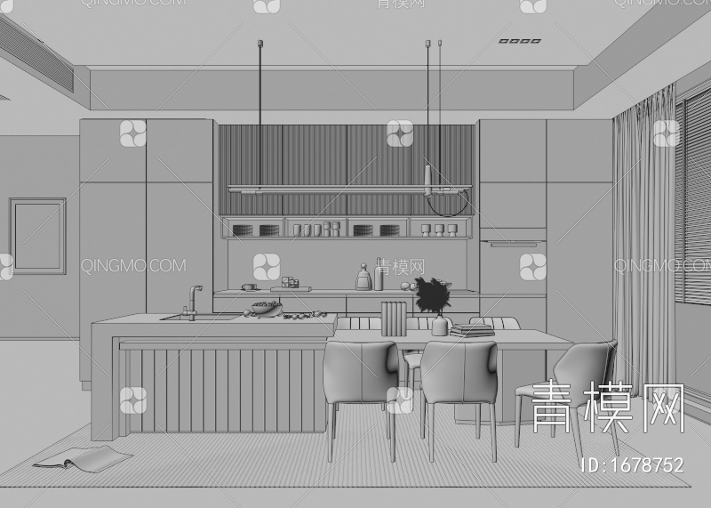 餐厅 餐桌椅 玻璃柜 书柜 画 吧台 酒柜 奶油风餐厅 吊灯 岛台3D模型下载【ID:1678752】