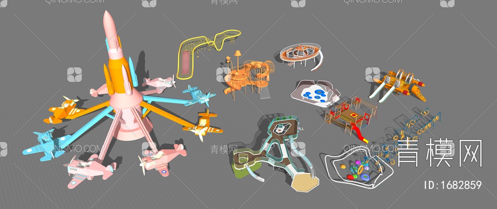 儿童器材组合 游乐器械 儿童活动区 儿童乐园器材SU模型下载【ID:1682859】