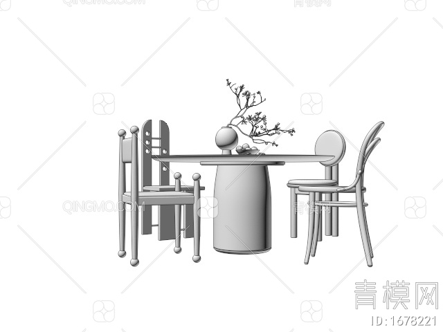 餐桌椅组合 圆形餐桌 花瓶摆件3D模型下载【ID:1678221】