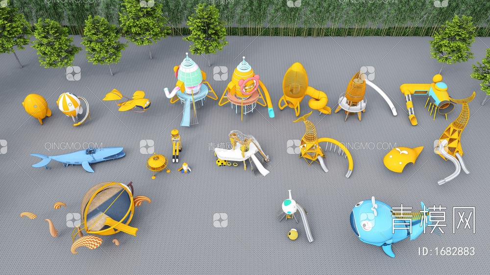 儿童器材组合 游乐器械 儿童活动区 儿童乐园器材SU模型下载【ID:1682883】