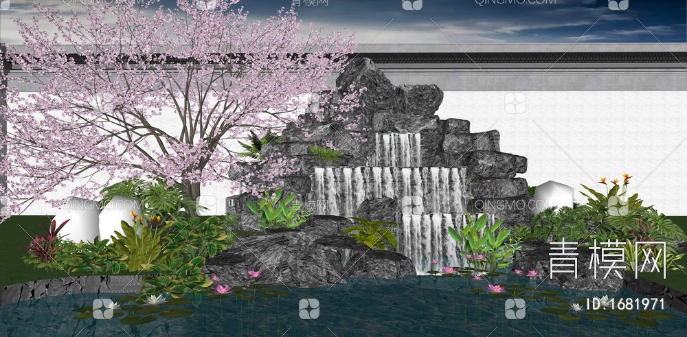 假山叠水 跌水瀑布 园林景观水池 景观石头组合 庭园荷花 樱花SU模型下载【ID:1681971】