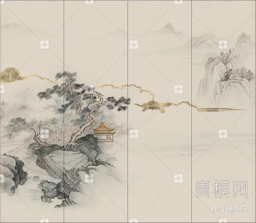 新中式山水壁画硬包贴图下载【ID:1684683】