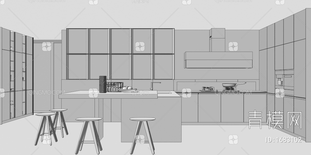 开放式岛台厨房 橱柜3D模型下载【ID:1683102】
