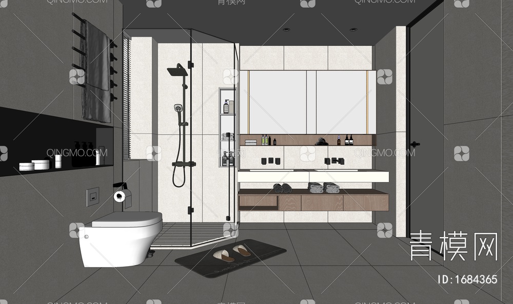 卫生间，台盆柜，淋浴房，坐便器，镜子，卫浴柜SU模型下载【ID:1684365】