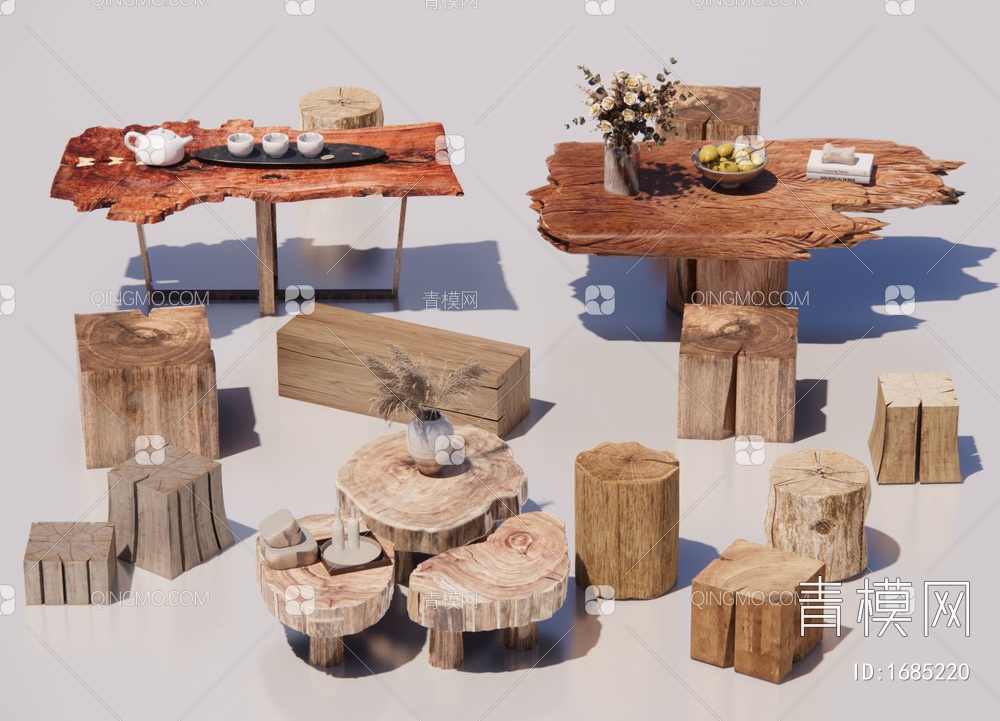 茶几 茶桌 木头 木板 木茶桌 旧木板 茶具 木凳-2SU模型下载【ID:1685220】