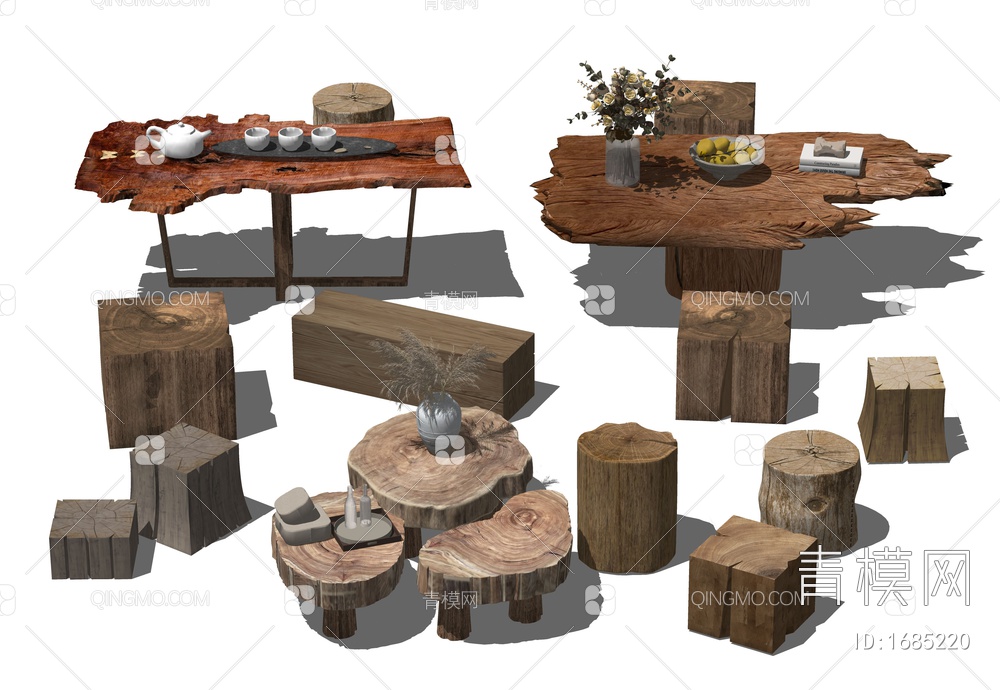 茶几 茶桌 木头 木板 木茶桌 旧木板 茶具 木凳-2SU模型下载【ID:1685220】