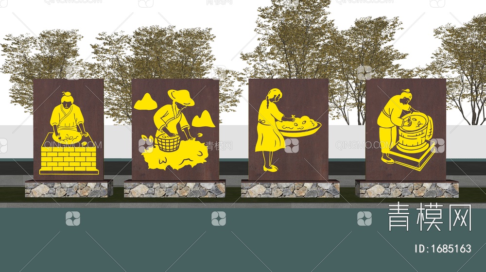 乡村雕塑小品 景墙 文化墙 镂空板 民俗景墙SU模型下载【ID:1685163】