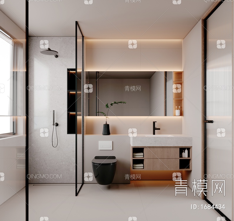 卫生间，台盆柜，淋浴房，坐便器，镜子，卫浴柜3D模型下载【ID:1684434】