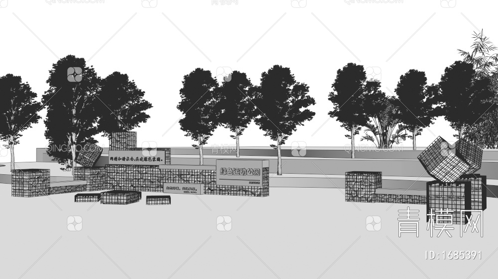 公园入口景墙 石笼logo矮墙 毛石围墙 文化景墙 锈板造型大门3D模型下载【ID:1685391】