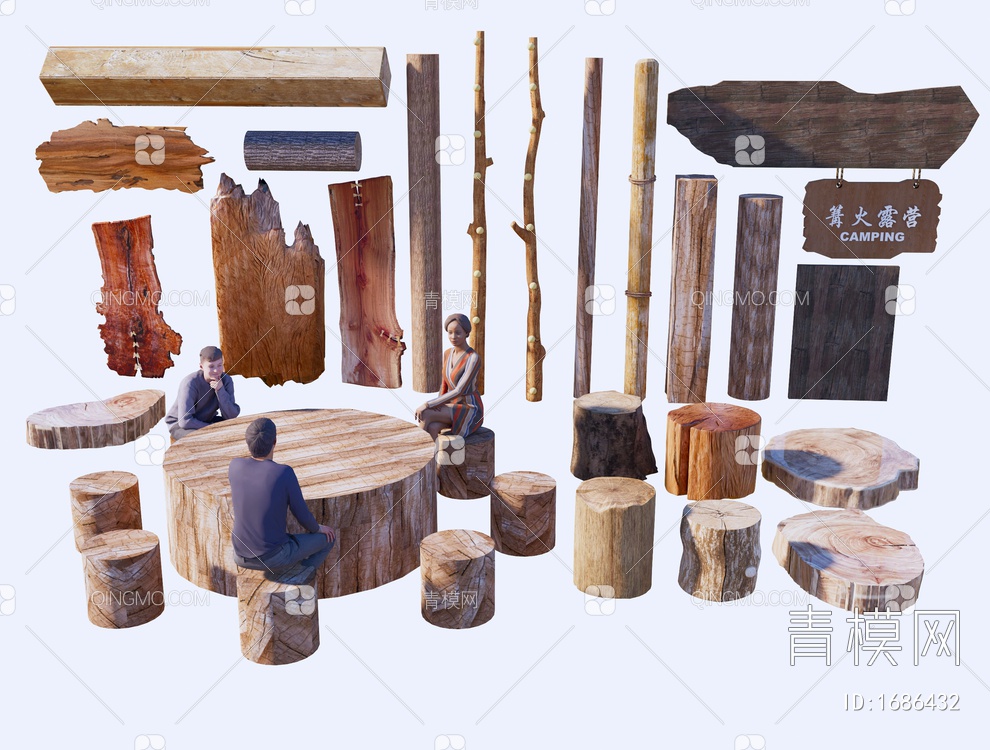 木头 木板 旧木板 树桩 木桩凳座椅 木柴 木块 木条 老木头 广告牌SU模型下载【ID:1686432】