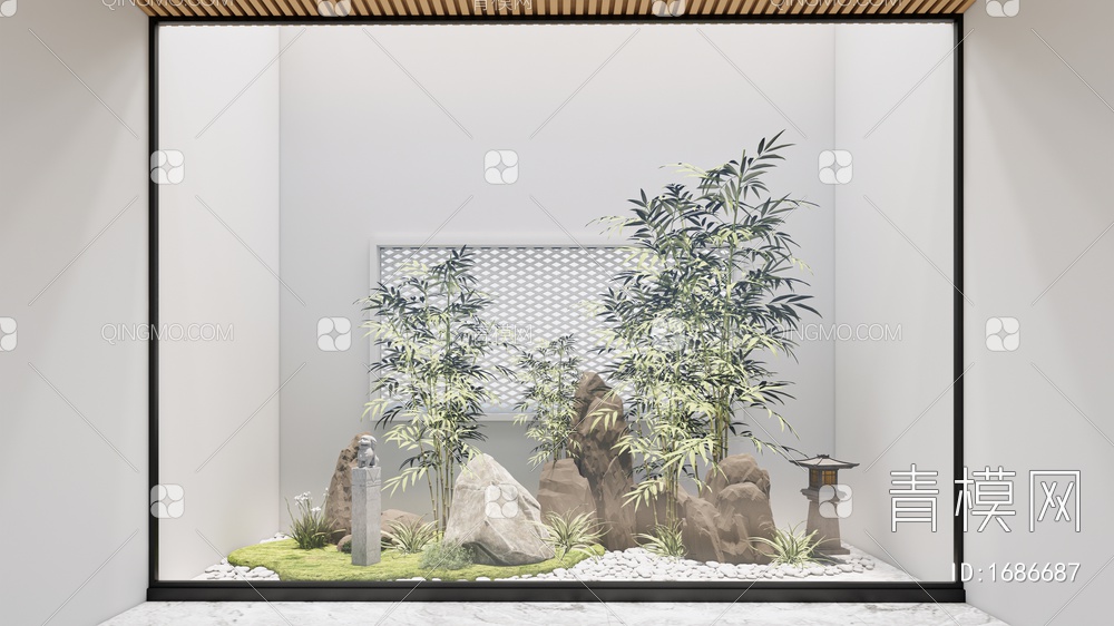 景观小品,绿植植物竹子石头庭院石头灯su模SU模型下载【ID:1686687】