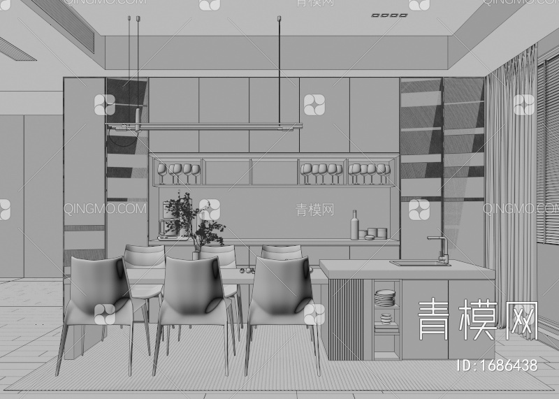 餐厅 餐桌椅 玻璃柜 书柜 画 吧台 酒柜 奶油风餐厅 吊灯 岛台3D模型下载【ID:1686438】