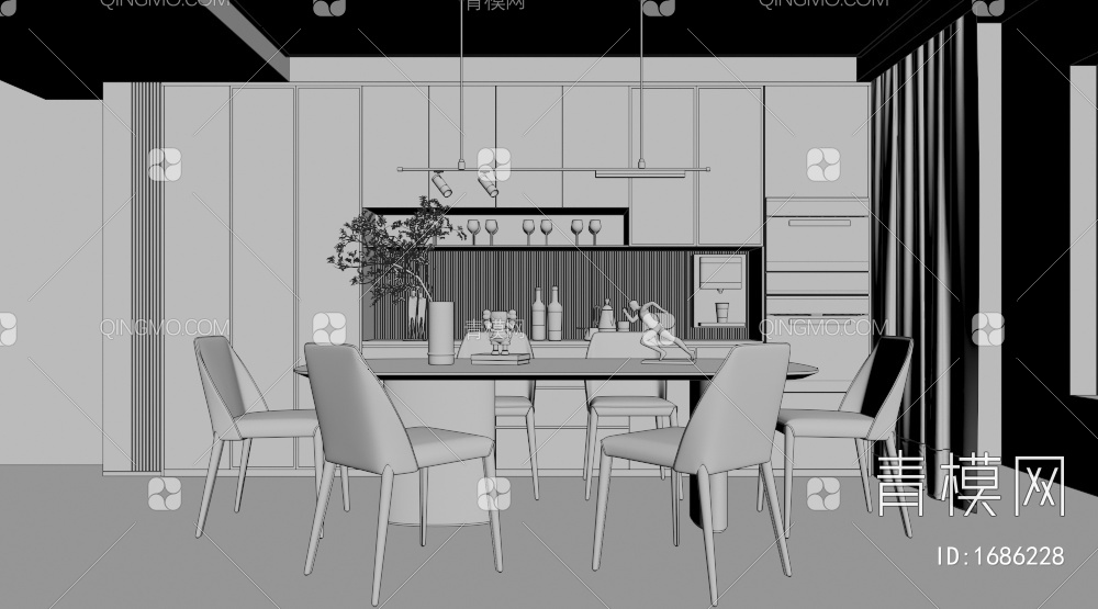 餐厅 餐桌 吊灯 餐椅 电器 饰品3D模型下载【ID:1686228】