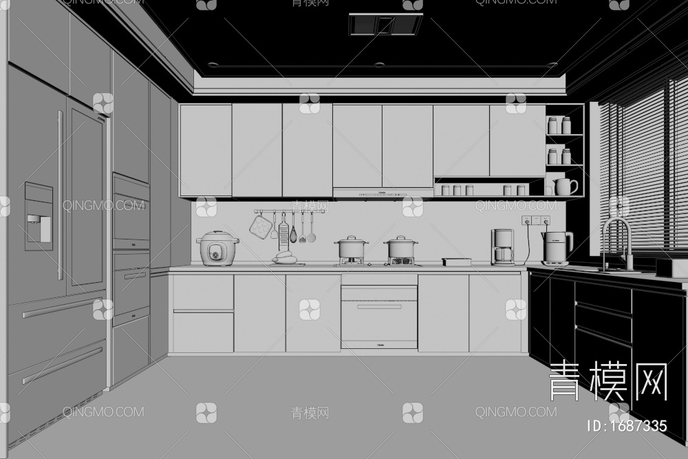 黑白灰 封闭式厨房3D模型下载【ID:1687335】