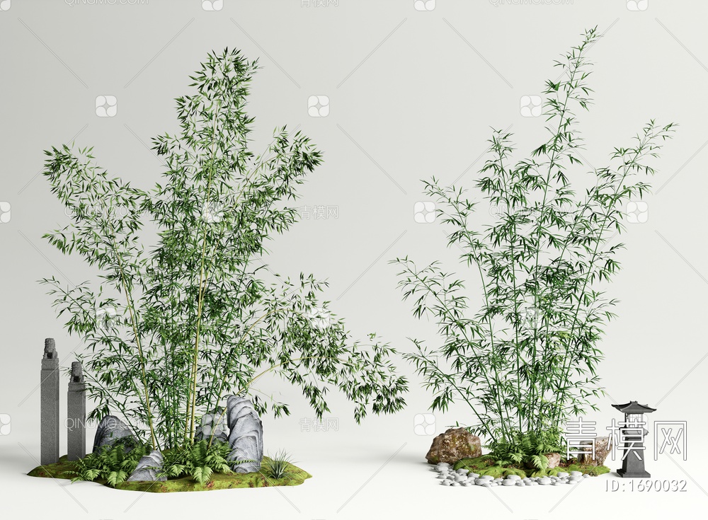 竹子 景观竹子 苔藓地形 石头 树池SU模型下载【ID:1690032】