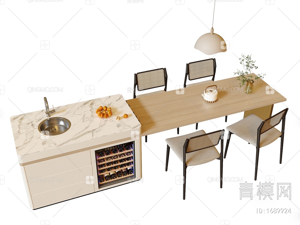 奶油风中岛餐桌椅组合SU模型下载【ID:1689924】
