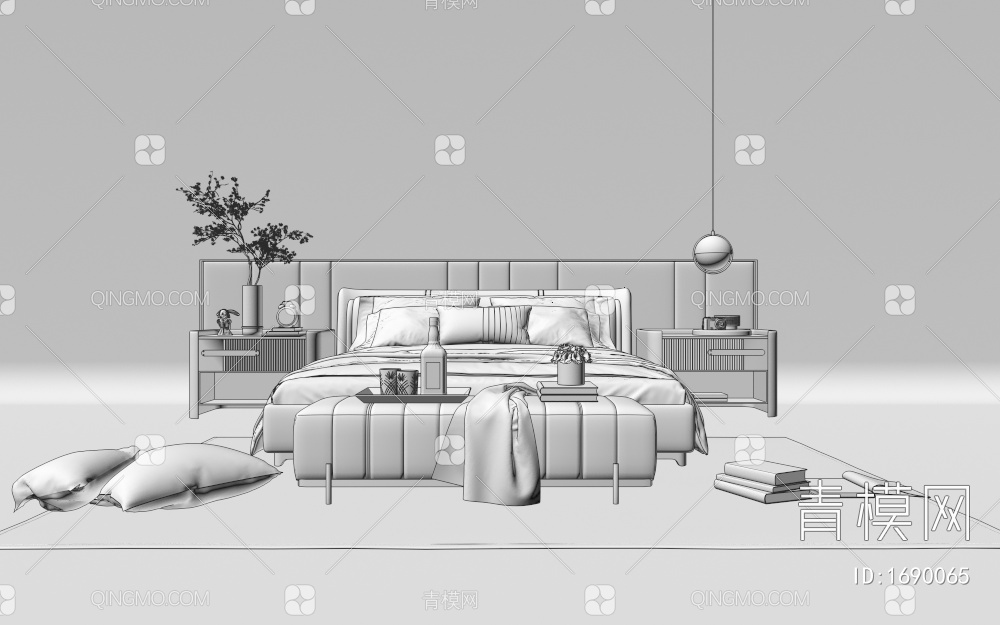 床 双人床 床头柜 抱枕 软装3D模型下载【ID:1690065】