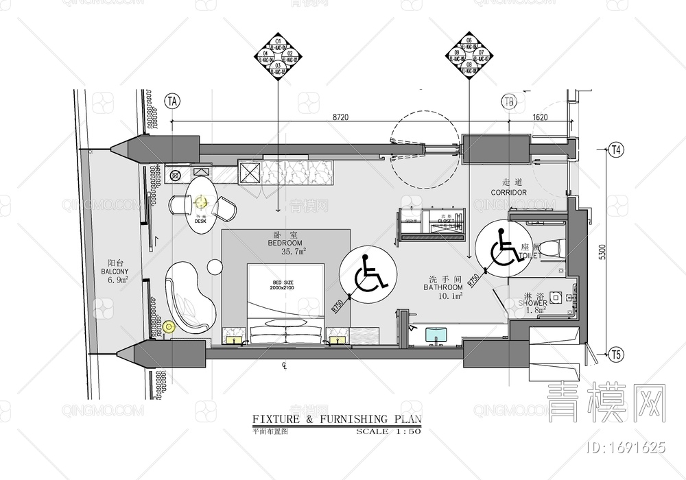 65㎡酒店无障碍客房室内施工图 残疾人客房 大床房 酒店客房 单人间【ID:1691625】