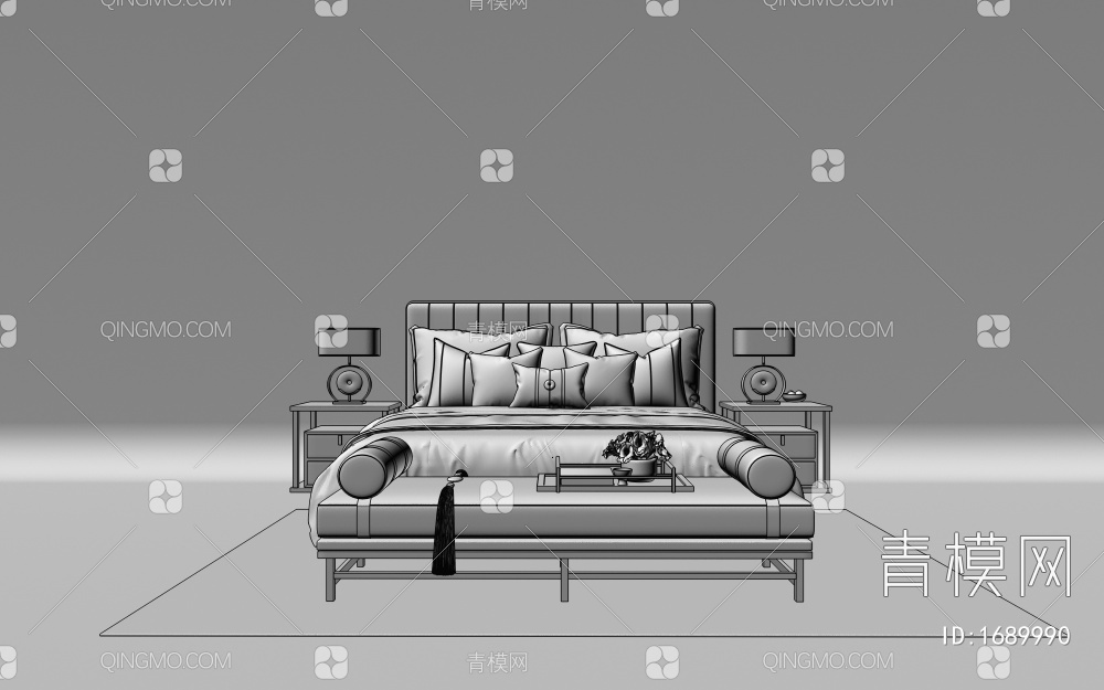 床 双人床 床头柜3D模型下载【ID:1689990】