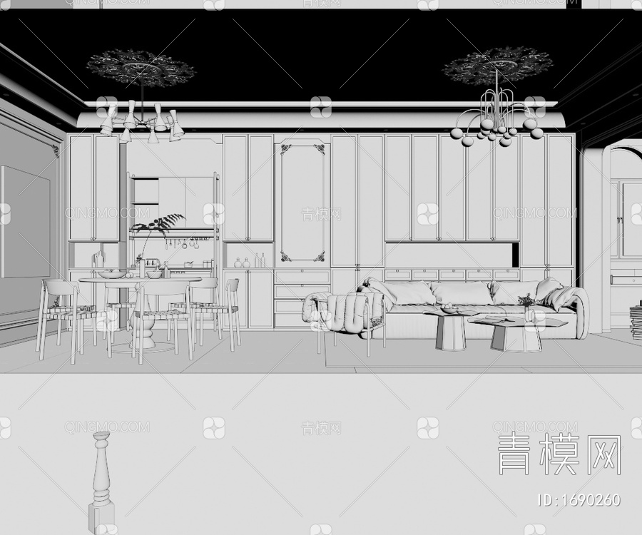 复古家居客餐厅3D模型下载【ID:1690260】