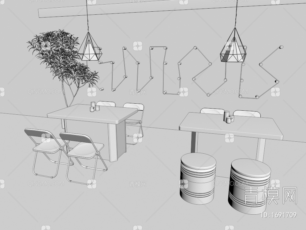 不锈钢亚克力餐桌椅 烧烤店桌椅 火锅店桌椅 桌椅组合3D模型下载【ID:1691709】