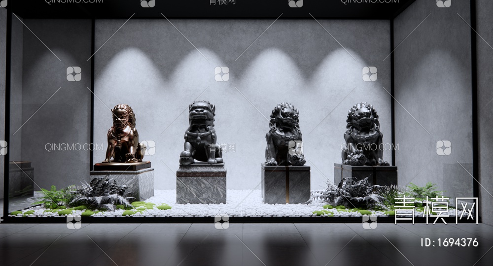 石狮子 石头雕塑 貔貅 铜狮子 狮子雕塑 镇宅神兽 橱窗SU模型下载【ID:1694376】