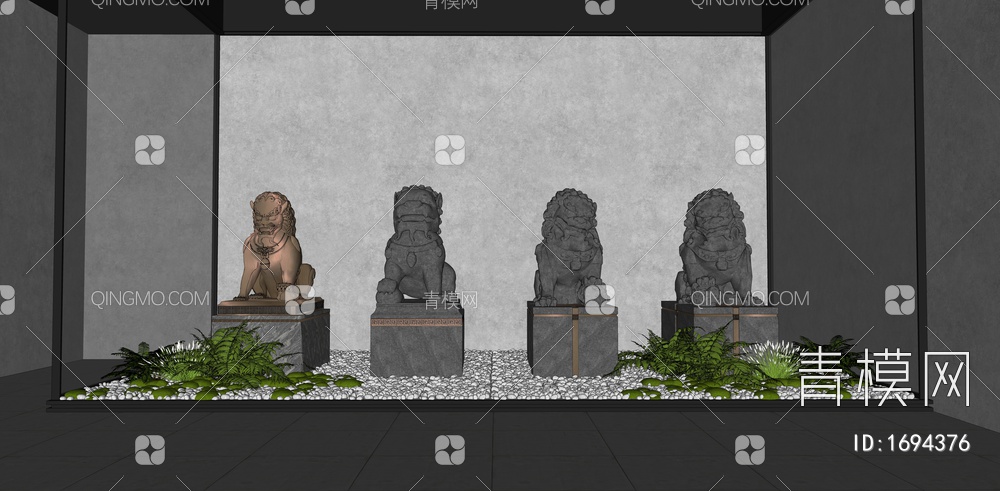 石狮子 石头雕塑 貔貅 铜狮子 狮子雕塑 镇宅神兽 橱窗SU模型下载【ID:1694376】