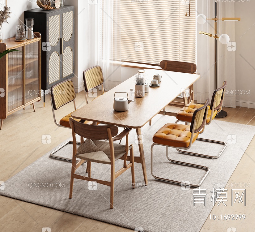 实木餐桌椅组合3D模型下载【ID:1692999】