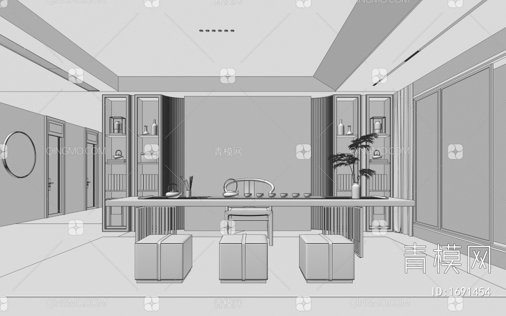 茶室，茶桌椅，茶柜，窗帘，挂画，壁画3D模型下载【ID:1691454】