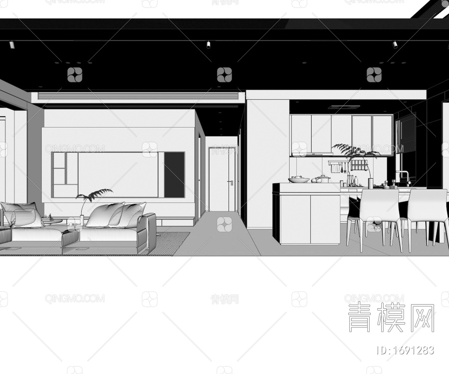 家居客餐厅、开放式厨房3D模型下载【ID:1691283】