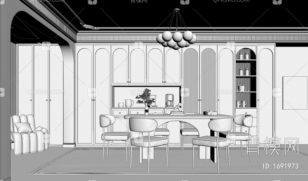 餐厅 餐桌 餐椅 吊灯 酒柜3D模型下载【ID:1691973】