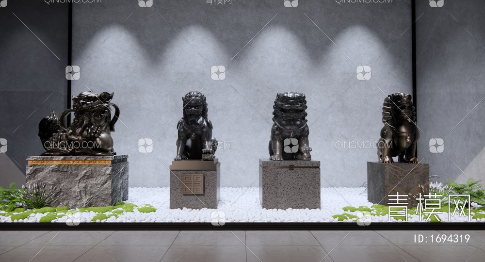 石狮子 石头雕塑 貔貅 铜狮子雕塑 镇宅神兽 橱窗SU模型下载【ID:1694319】