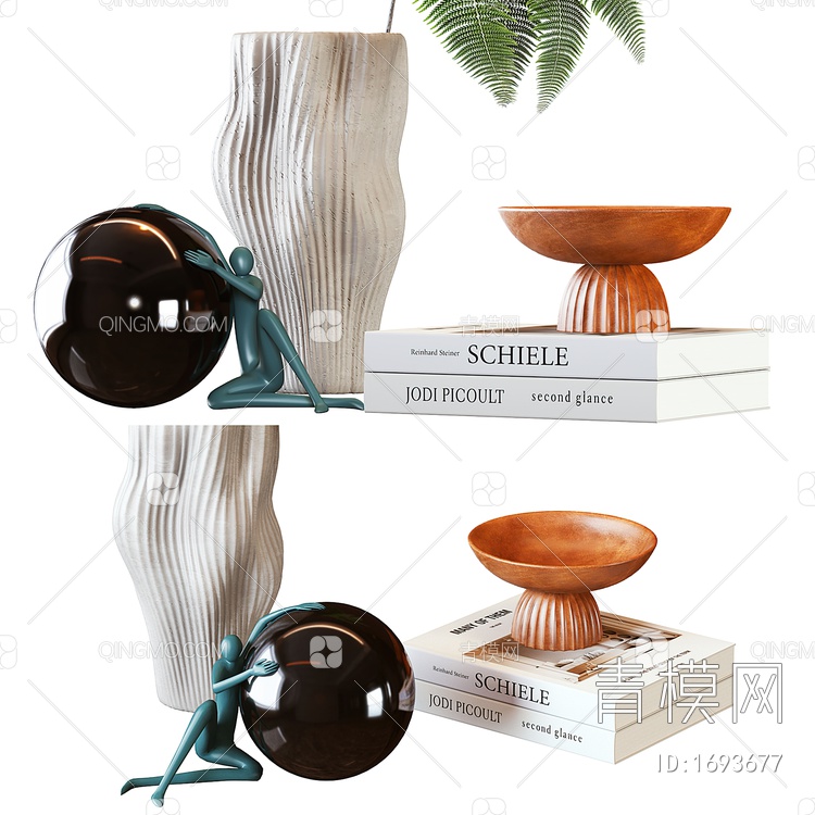 花瓶和植物装饰品套装及小雕塑3D模型下载【ID:1693677】