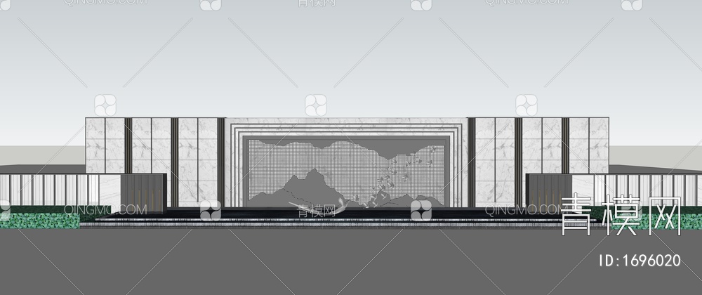 入口景墙 住宅小区景墙 对景景墙 水景景墙 植物组团 格栅 禅意景墙SU模型下载【ID:1696020】