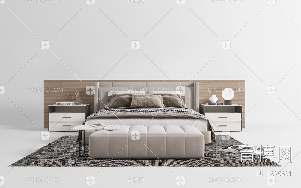 床 双人床 床头柜3D模型下载【ID:1695681】