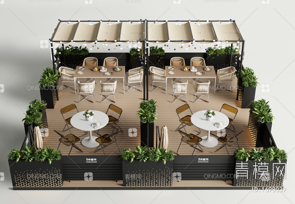 商业外摆区 户外桌椅组合 休闲桌椅 植物花箱3D模型下载【ID:1698039】