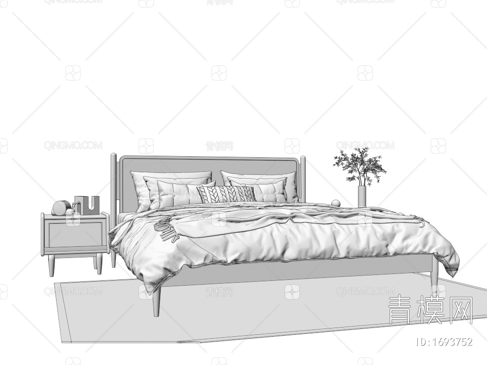 实木双人床 床头柜3D模型下载【ID:1693752】