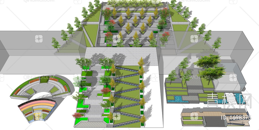 大型高差入口景观台阶绿化处理SU模型下载【ID:1698375】