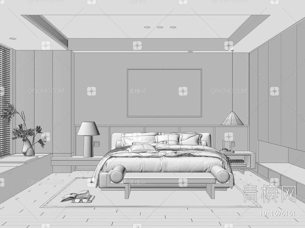 卧室，，，床品组合，台灯，装饰画，盆栽，背景墙3D模型下载【ID:1696161】