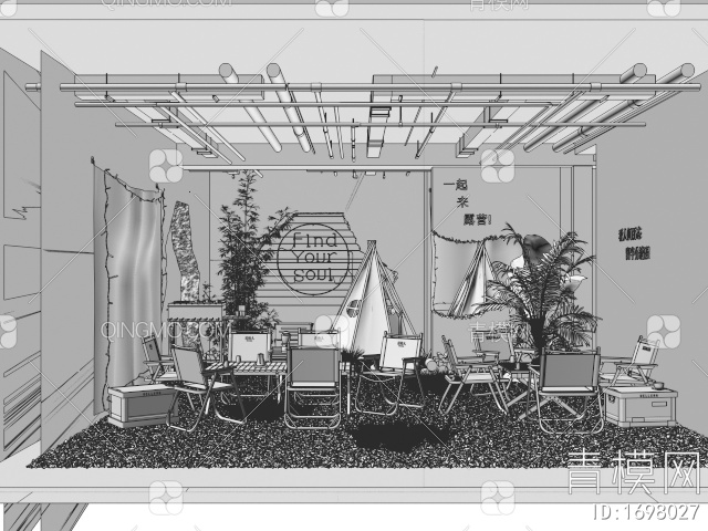露营休闲区 露营帐篷 户外桌椅 植物堆3D模型下载【ID:1698027】