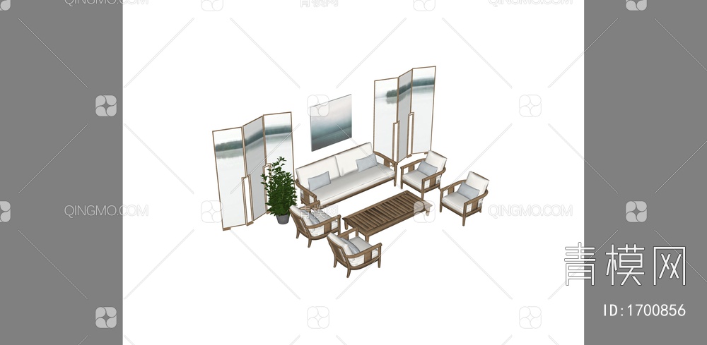客厅沙发茶几屏风组合SU模型下载【ID:1700856】